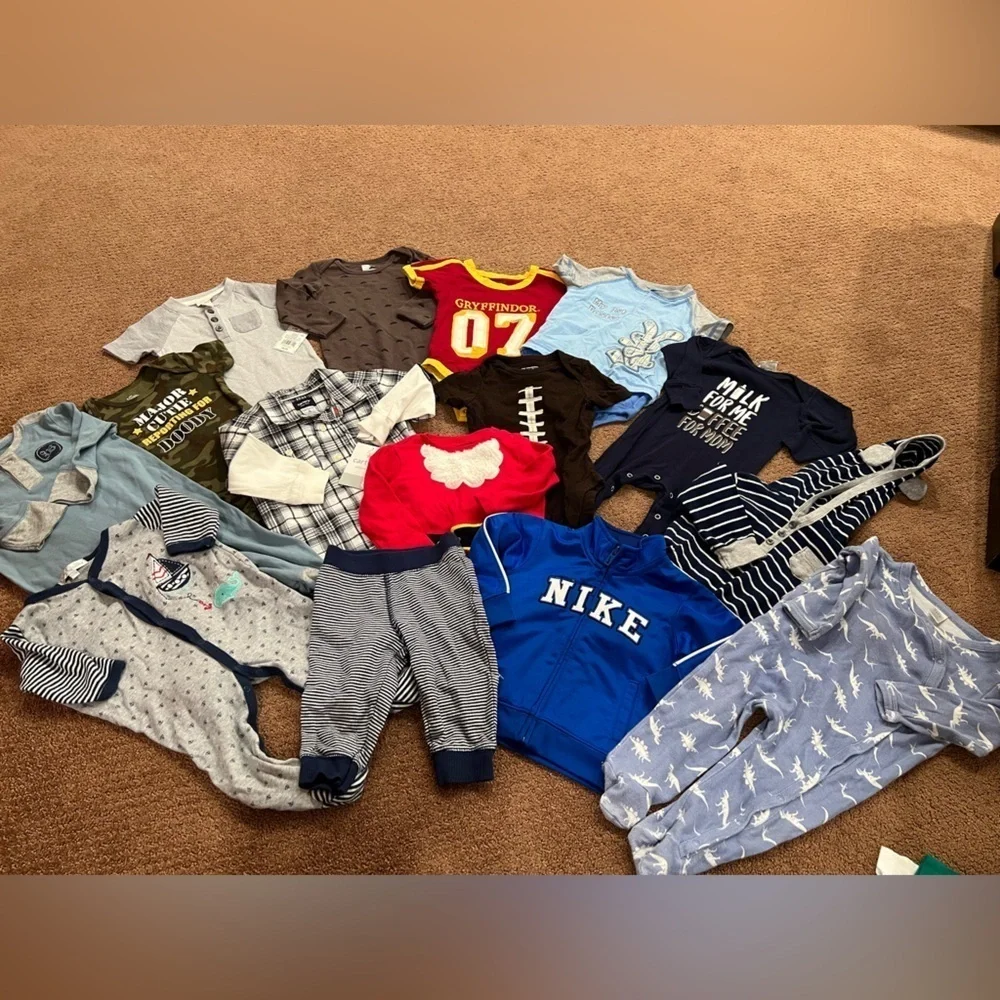 Bundle of 17 Boys Clothing Pieces Size 6-9 Months Pajamas, Tops, Onesies, Pants